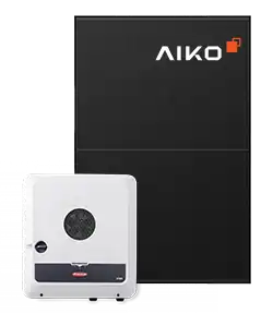 A black AIKO solar panel is shown standing vertically behind a white and gray inverter unit with a circular vent and control panel on the front.
