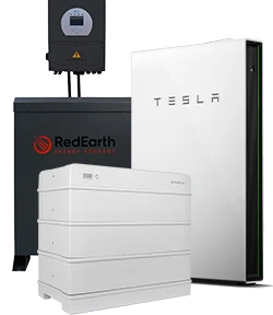 Four different home battery storage units are displayed, including brands such as RedEarth and Tesla, each in various shapes, sizes, and colors, with visible logos on their front panels.