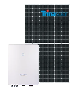 A Trina Solar photovoltaic solar panel standing upright behind a white, rectangular inverter labeled "SUNSYNK," both products used for solar energy systems.