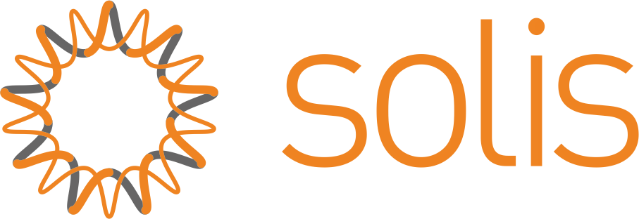 The image shows the word "solis" in orange lowercase letters next to a circular sun-like design made of wavy orange and gray lines.