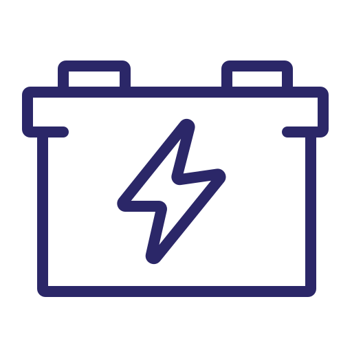 Simple icon of a car battery with a lightning bolt symbol in the center, representing energy or electricity. The design is outlined in dark blue on a light background.