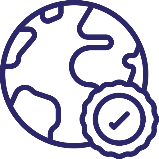 A simple line drawing of a globe with a check-mark badge in front, suggesting global approval, certification, or verification.