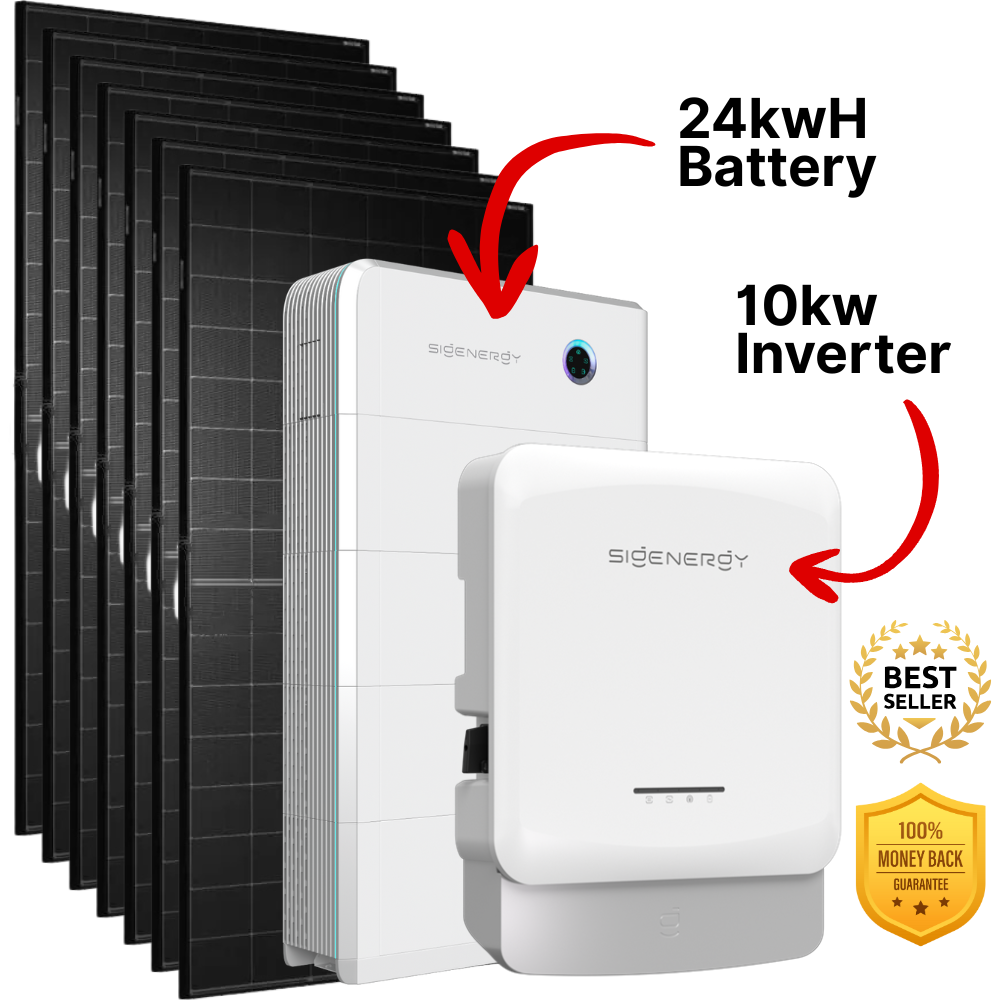 A set of black solar panels, a white 24kWh battery, and a 10kW inverter labeled "BEST SELLER" with a 100% money-back guarantee badge, all branded "Sigenergy." Red arrows indicate battery and inverter features.
