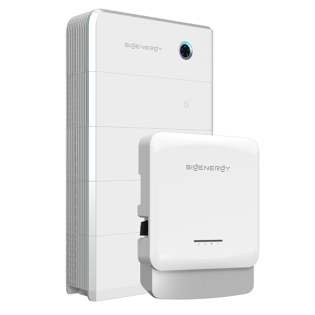 A sleek, modern white energy storage system with two rectangular units, labeled "SIGENERGY," one larger and one smaller, designed for wall mounting.